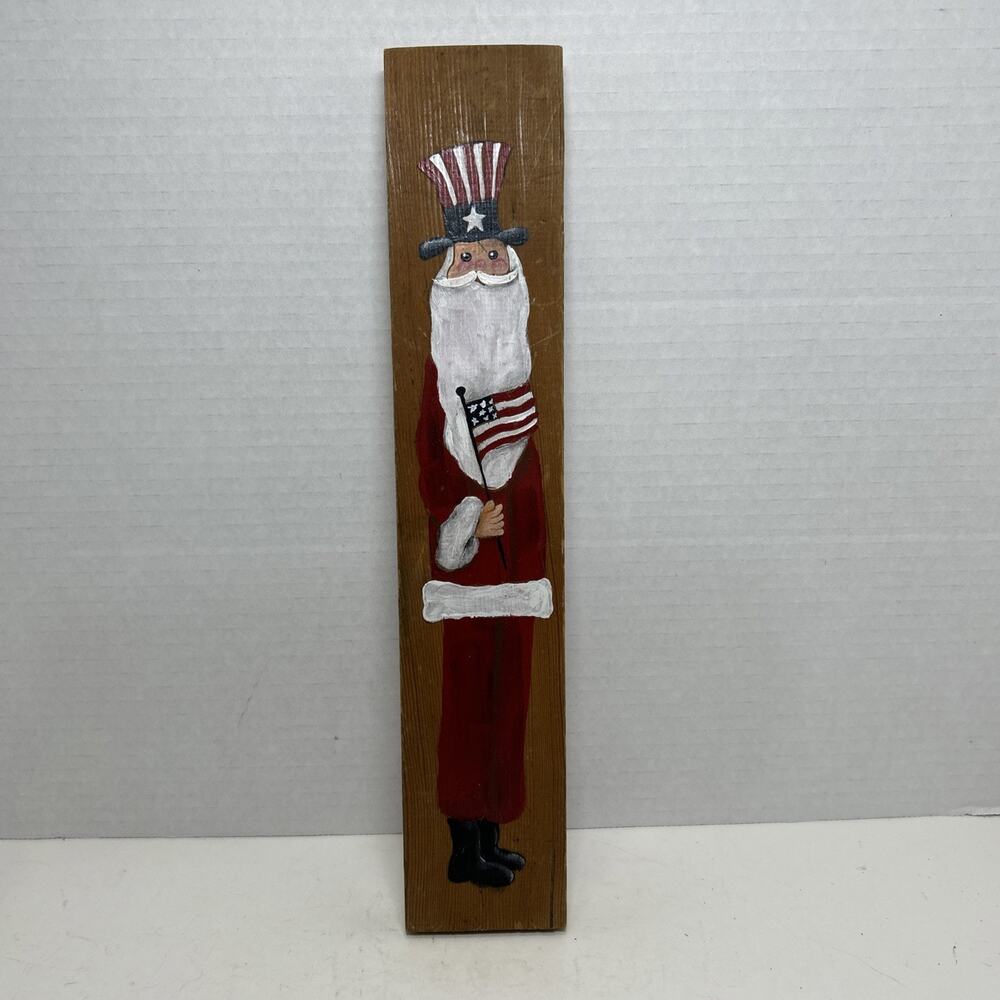 Vtg Folk Santa Hand Painted Wooden Christmas Wall Art Wood Holiday Patriotic